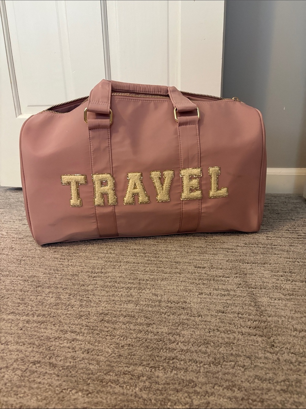 Altar'd State Pink Travel Duffel with Gold Lettering